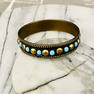Vintage 1970s Studded Brass Bangle Bracelet‎ | Blue Accent | Boho Eclectic
